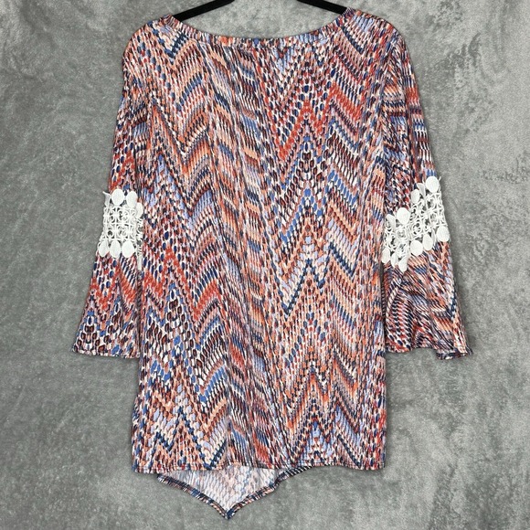 NY Collection XL Top Shirt Orange Striped Scoop Neck Bell 3/4 Sleeve Stretch - Picture 6 of 8